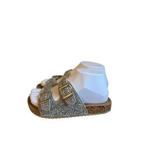 MIA Silver Glitter Double Strap Buckle Slide Sandals Cork Footbed Size 4